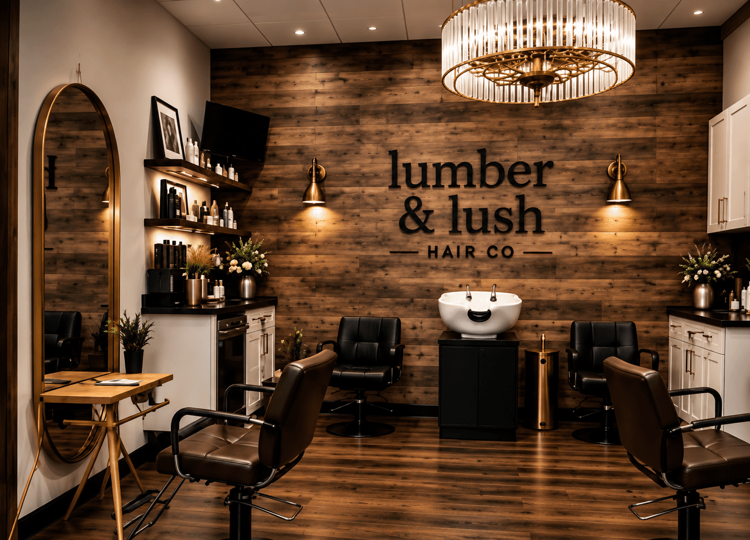 Lumber & Lush salon styling station, arched mirror and natural wood wall