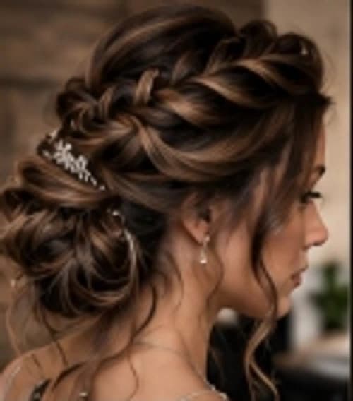 Intricate bridal braided updo styled with romantic face-framing tendrils.