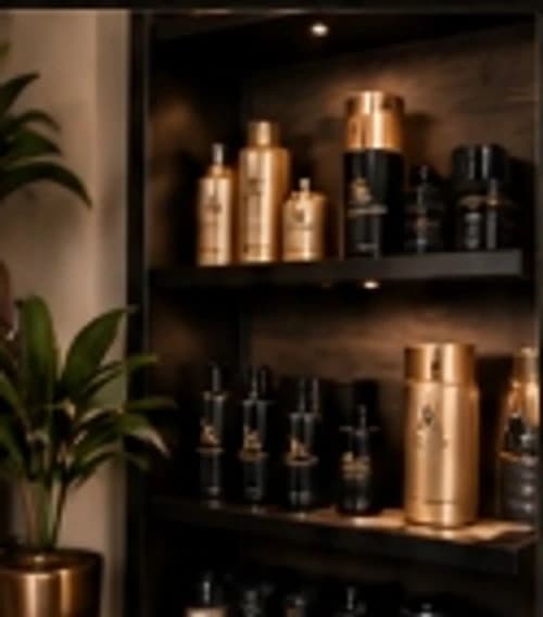 Lumber & Lush luxury hair care products and treatment bottles on dark walnut shelves.