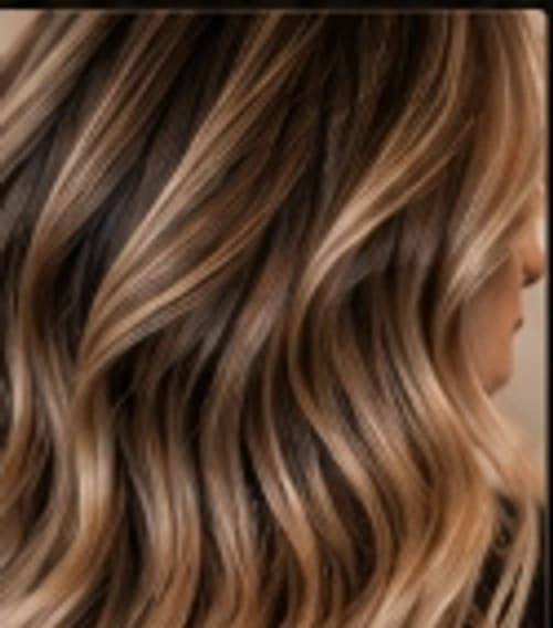 Warm honey caramel balayage on long layered hair.