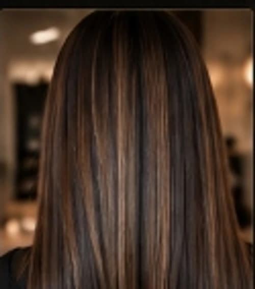Silky smooth restorative smoothing treatment on long dark hair.