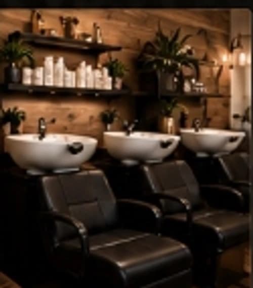 Lumber & Lush shampoo and scalp ritual wash stations with reclaimed wood wall.