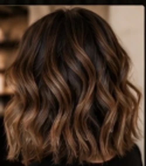 Textured collarbone-length lob with soft brunette dimensional babylights.